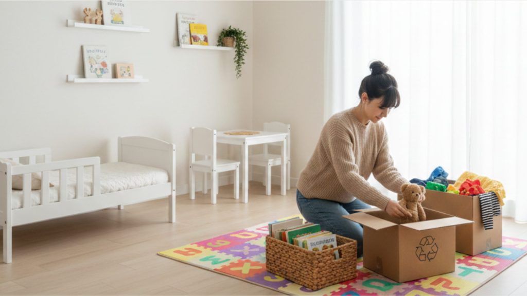 A woman organizes a child's room, placing a teddy bear into a cardboard box with a recycling symbol. The room is bright with a colorful rug, shelves with books, a small bed, and a desk, creating a tidy, warm atmosphere.
