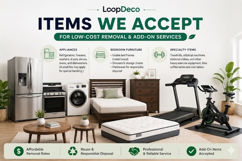 LoopDeco affordable item removal services in Texas showing accepted household appliances, bedroom furniture, mattresses, and gym equipment.