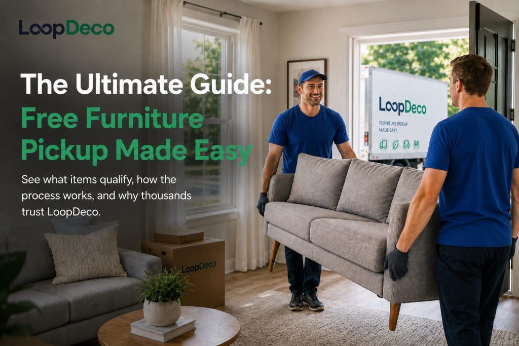 Two movers in blue uniforms carry a gray sofa through a living room, with a "LoopDeco" truck outside. Text reads "Free Furniture Pickup Made Easy.