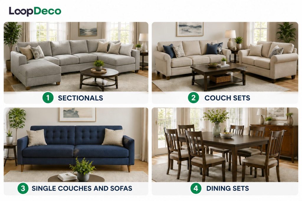 Four furniture categories eligible for LoopDeco $0 free removal services: modern sectionals, matching couch sets, single sofas, and wooden dining sets.