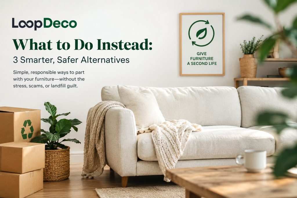 LoopDeco graphic: White couch next to moving boxes with text about 3 smarter, safer alternatives to dispose of furniture.