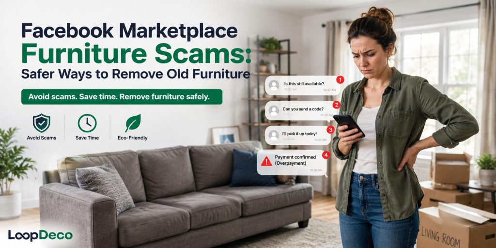 LoopDeco guide on avoiding Facebook Marketplace furniture scams with safe, eco-friendly old furniture removal options.