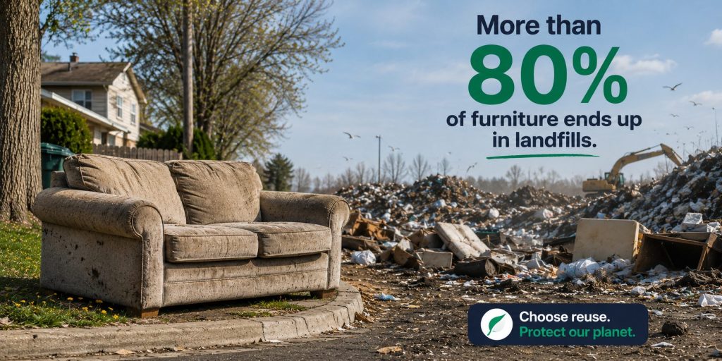 Old couch discarded on a curb with a landfill background and text stating over 80% of furniture ends up in landfills.
