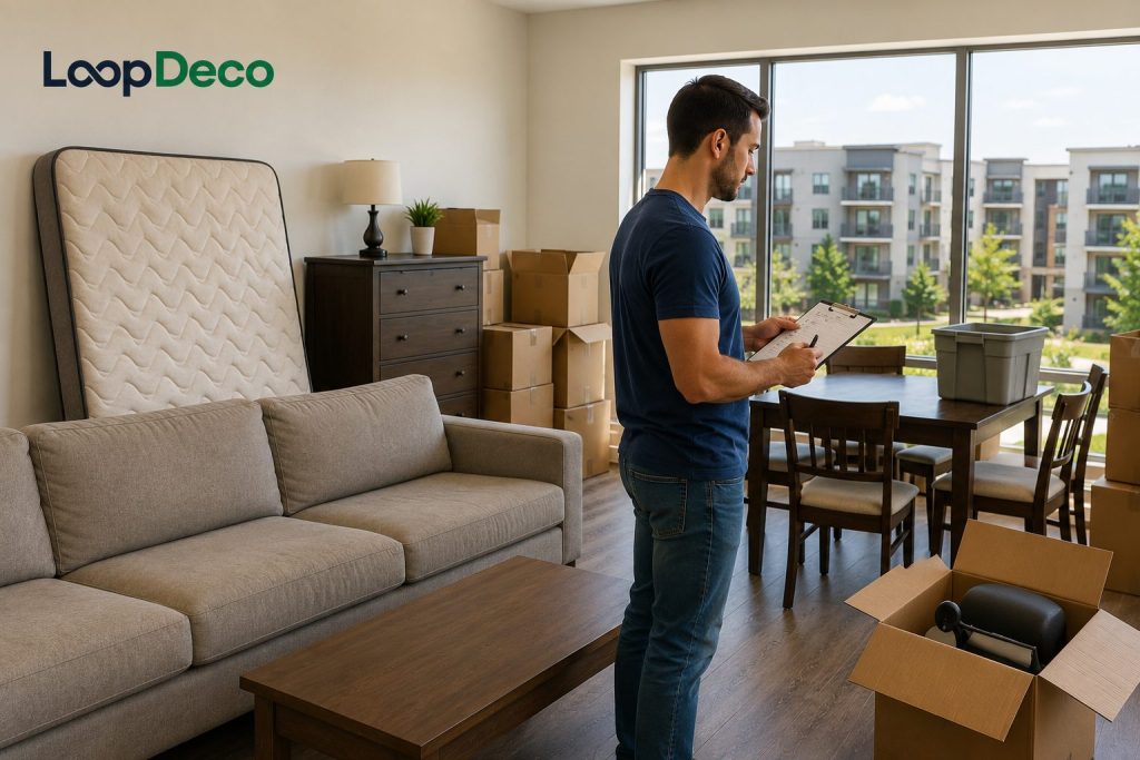 Property manager documenting abandoned tenant furniture and boxes in a Houston apartment for removal  